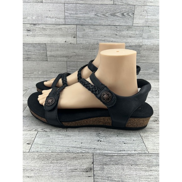 Aetrex Black Leather Braided Strap Cork Comfort Sandals Size 11 Wide - Picture 2 of 10